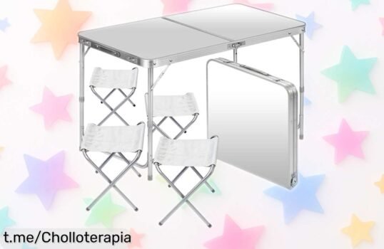 Mesa plegable con 4 sillas GOODS+GADGETS, ¡un ofertón tirado de precio y muy resistente! No te quedes sin la tuya, llévala a donde quieras y disfruta al máximo del aire libre.