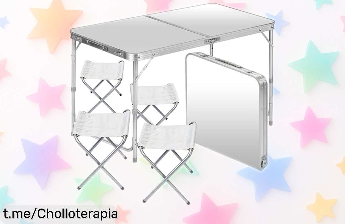 Mesa plegable con 4 sillas GOODS+GADGETS, ¡un ofertón tirado de precio y muy resistente! No te quedes sin la tuya, llévala a donde quieras y disfruta al máximo del aire libre.