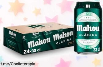 Pack de 24 latas de Mahou Clásica en ofertón: refresco dorado y suave a precio loco, perfecto para disfrutar con amigos en cualquier tarde. ¡No te lo pierdas!
