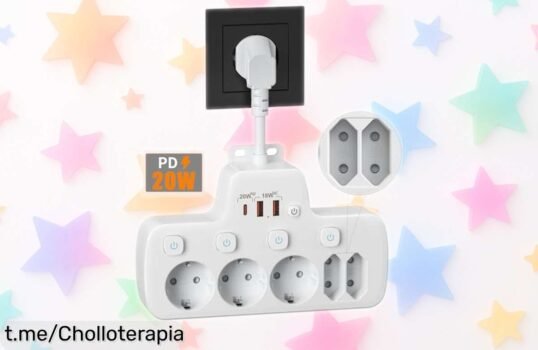 Regleta con 5 enchufes y puertos USB de carga rápida, un ofertón para mantener todos tus dispositivos conectados y seguros en casa o la oficina. ¡No te la pierdas!