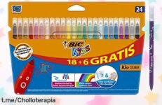 Rotuladores lavables BIC Kids en caja de 24 colores vibrantes: super chollo para el cole, pintan genial y se limpian fácil. ¡No te quedes sin ellos!