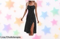 Vestido ligero de tirantes con estampado de lunares y abertura lateral a precio de risa, no te pierdas esta oportunidad para lucir fresca y estilosa en cualquier ocasión.