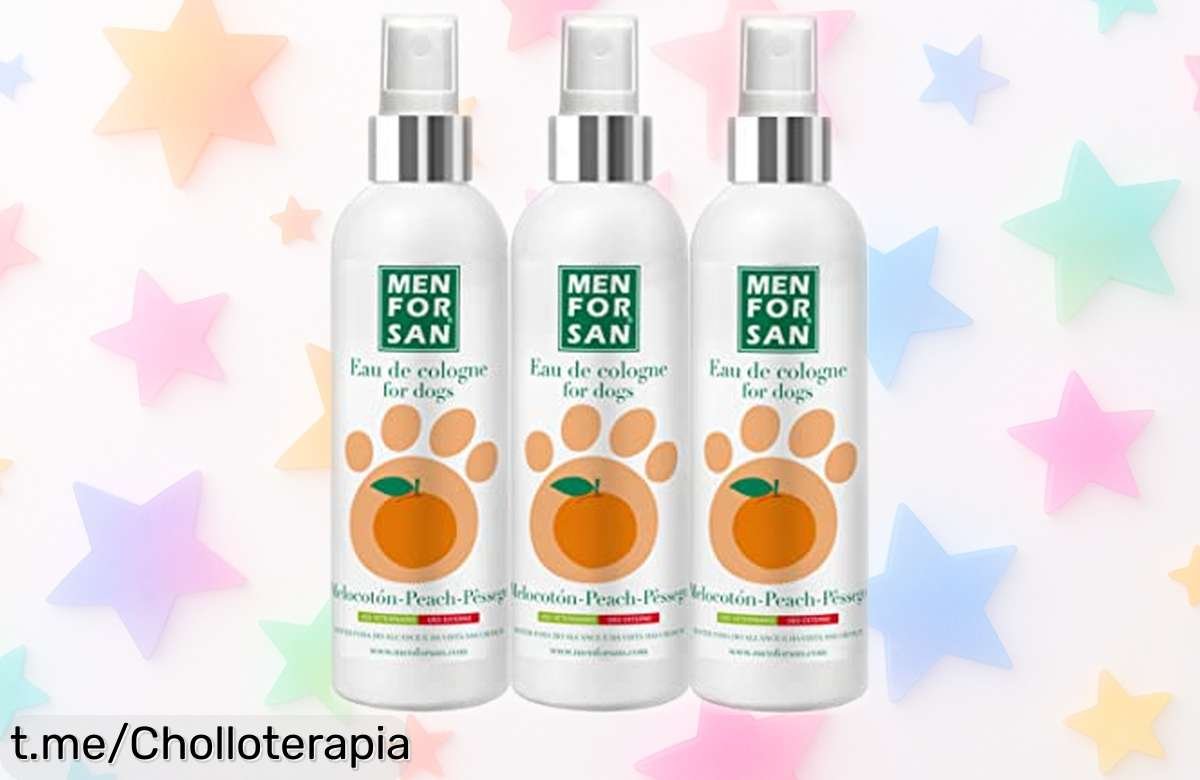 Agua de colonia para perros MENFORSAN pack de 3 con aroma a melocotón, ¡rebajado y listo para hacer que tu peludo huela fresco y feliz al instante! ¡No te lo pierdas!