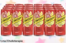 Delicioso refresco cítrico Schweppes en pack de 24 latas, ¡aprovecha este ofertón con menos azúcar y disfruta sin remordimientos! Refresca tu día ya mismo.