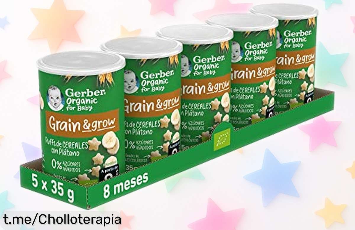 Deliciosos puffs de plátano Gerber para bebés, pack económico de 5 latas que cuidan su salud con vitaminas; un snack irresistible que hará sonreír a los peques.