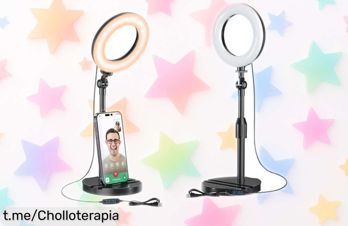 Descubre el anillo de luz con soporte telescópico que revoluciona tus videollamadas y TikToks: ajuste fácil, 10 niveles de brillo ¡y un precio reducido impresionante!