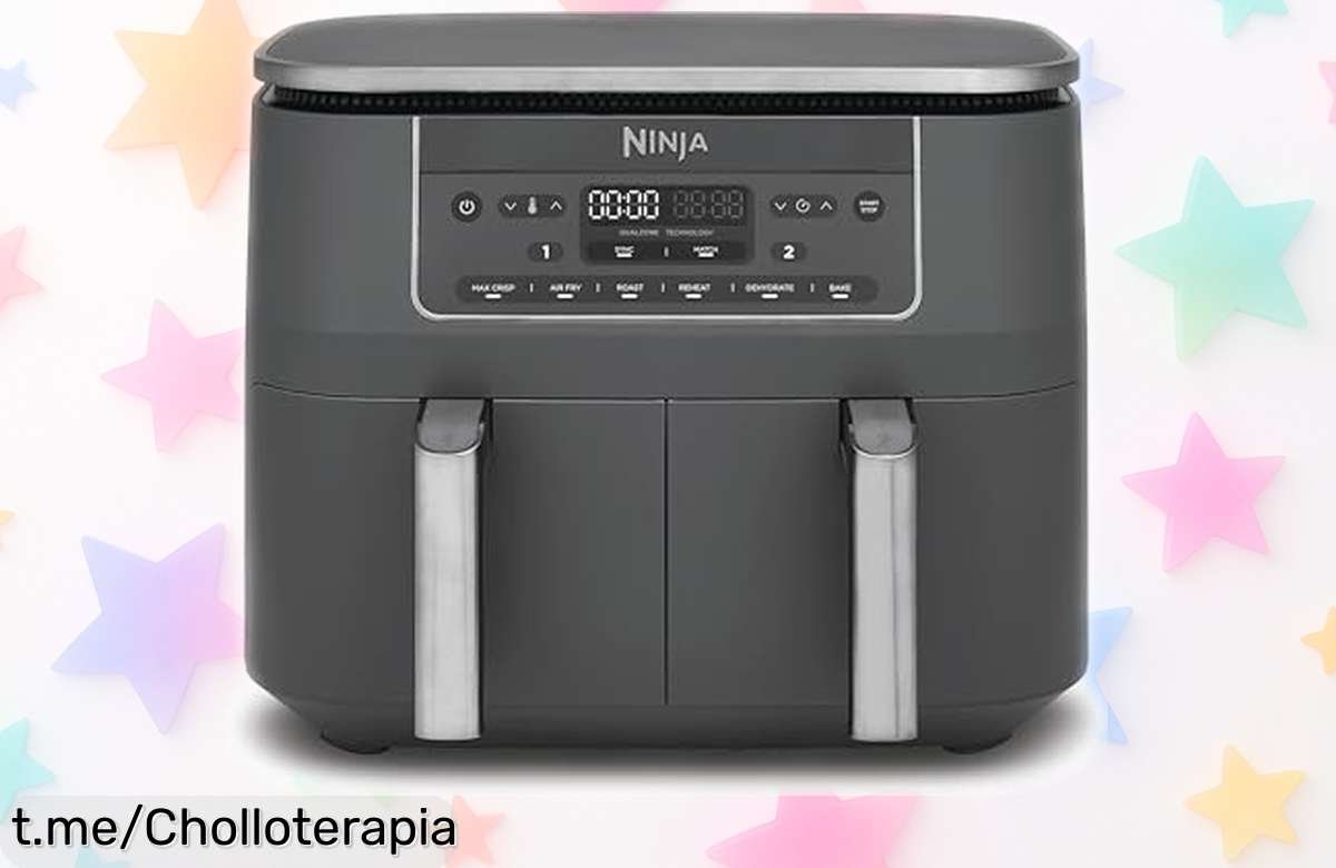 Freidora de aire Ninja DZ300EU con dos compartimentos, ¡un ahorro brutal en luz y crujiente delicioso que no querrás perderte! Haz clic ya y disfruta de este tremendo chollo.
