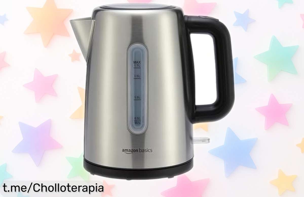 Hervidor eléctrico portátil de acero inoxidable Amazon Basics, ¡calienta el agua en un pis pas y se apaga solo! No te pierdas este chollo increíble para quienes van a mil.