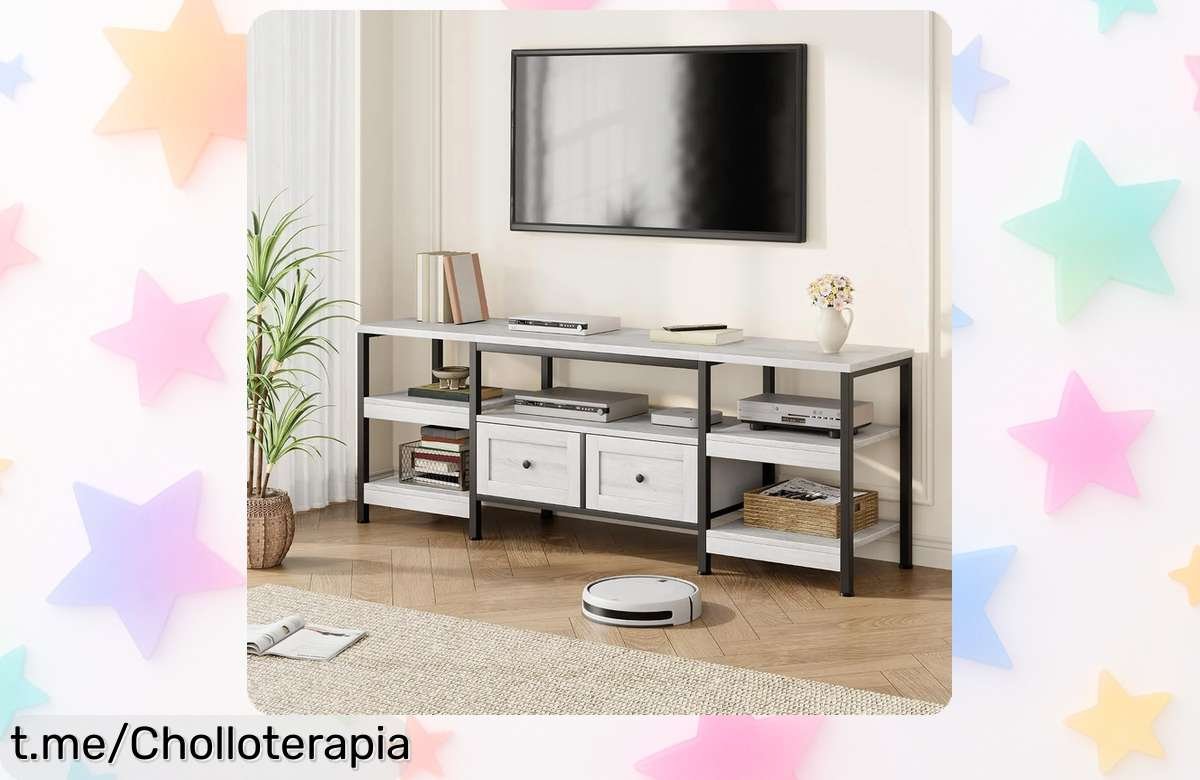 Impactante mueble para TV con diseño industrial, 2 cajones y espacios para todo lo que amas, aprovecha este ofertón único que embellecerá tu salón ¡No te quedes sin el tuyo!