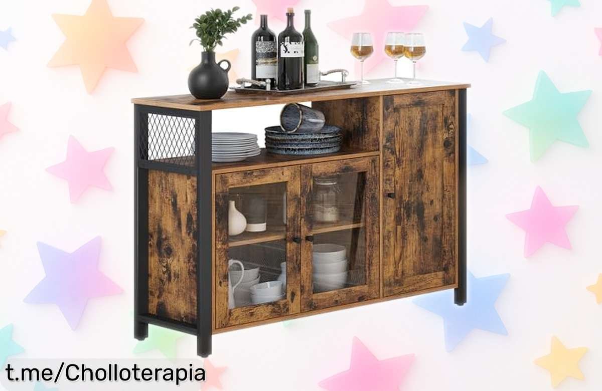 Impresionante aparador de cocina VASAGLE con 3 puertas, diseño rústico y montaje fácil; ¡esta oferta increíble no la encontrarás de nuevo! Aprovecha el precio de ganga ahora mismo.