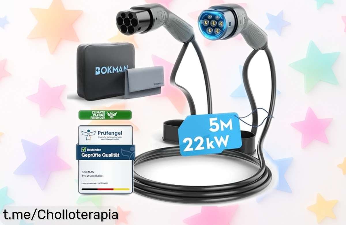 Increíble cable de carga rápida tipo 2 Bokman, ¡rebajado y listo para que cargues tu coche eléctrico en un pispás! Dale potencia a tus viajes antes de que se acabe esta oferta.