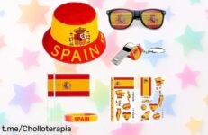 Increíble kit completo para fans de España con gorro bucket, gafas y banderas a precio locazo; ¡anima como nunca y muestra tu pasión al máximo!