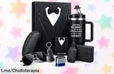 Increíble set regalo 6 en 1 para hombre: taza térmica que mantiene el café caliente, cartera, gafas y llavero a un precio de escándalo ¡Perfecto para sorprender y emocionar ya!