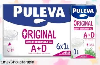Leche desnatada Puleva Original pack 6x1L con vitaminas A y D a un precio loco, cuida tus huesos sin azúcar ni gluten ¡No dejes escapar este chollo que alegrará tu salud!