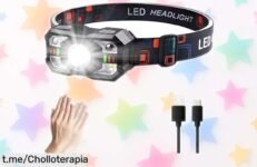 Linterna frontal recargable ILcDesign con 6 modos de luz y sensor de movimiento, ¡ofertón hoy a precio tirado! Ilumina tus aventuras bajo la lluvia ya mismo.