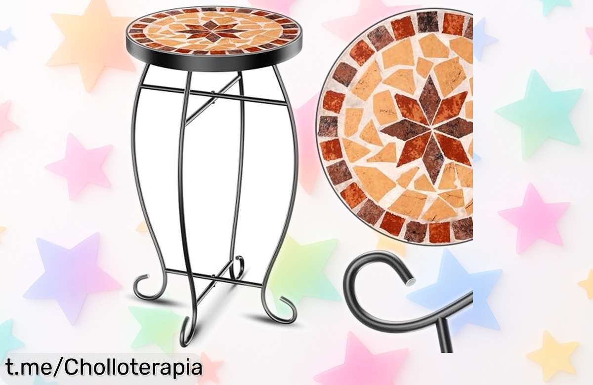 Magia en tu rincón: Taburete redondo KESSE con mesa de mosaico metálico, súper resistente y fácil de limpiar a un precio regalado que no querrás dejar pasar. ¡Hazlo tuyo ya!