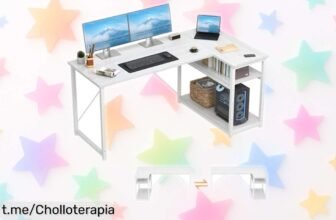 Mesa escritorio esquinera TRIUMPHKEY con estante reverso, ¡rebajada a un precio loco! Organiza tu espacio y trabaja sin preocupaciones. No dejes que se escape este ofertón único.