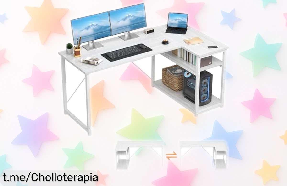 Mesa escritorio esquinera TRIUMPHKEY con estante reverso, ¡rebajada a un precio loco! Organiza tu espacio y trabaja sin preocupaciones. No dejes que se escape este ofertón único.