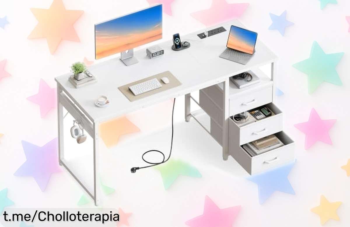Mesa escritorio reversible ODK con 3 cajones de tela a precio loco, un ofertón perfecto para mantenerte organizado y tener tus gadgets siempre listos. ¡Hazla tuya antes de que se agote!