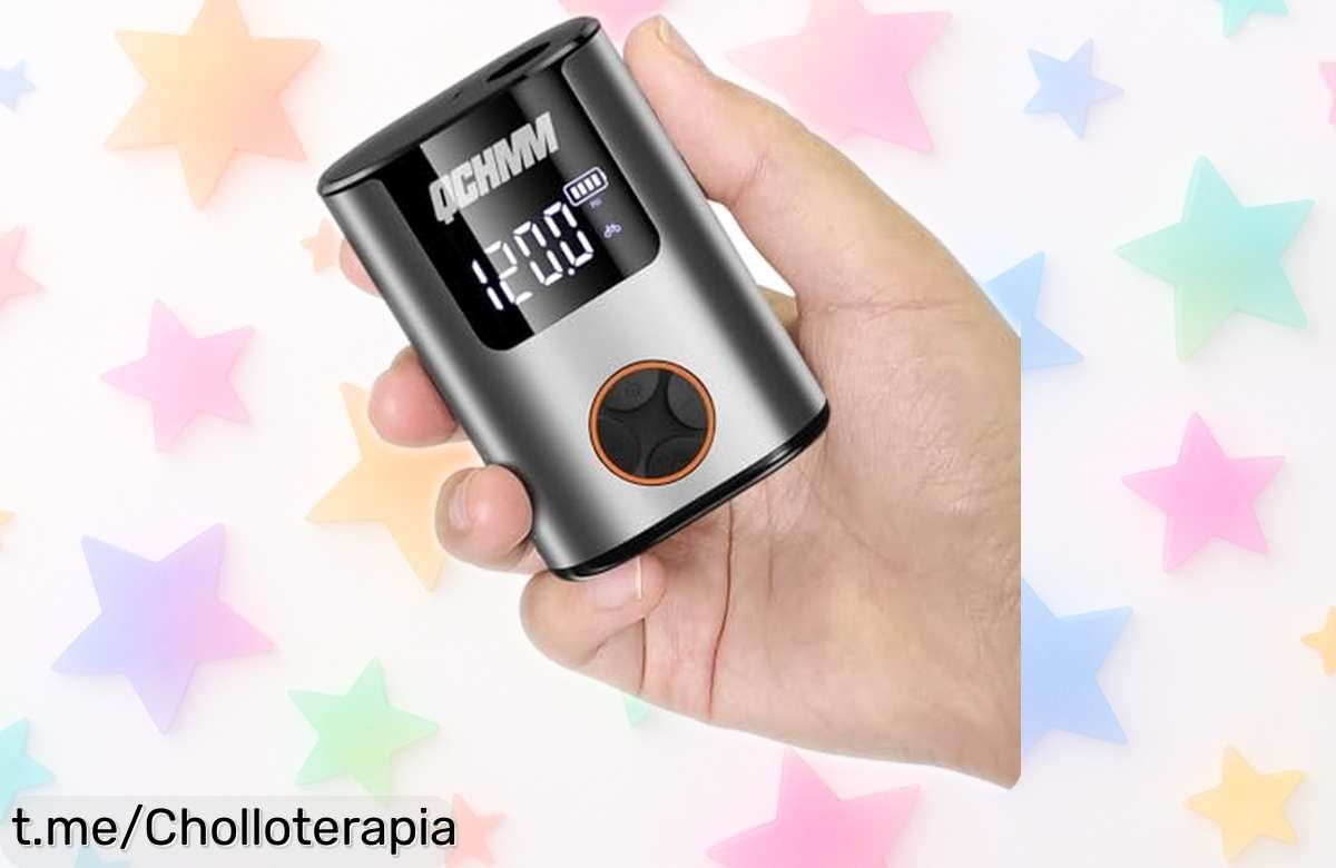 Mini bomba de aire eléctrica para bici y moto con manómetro, un chollo imperdible que te sacará de apuros en cualquier momento. ¡Infla rápido y fácil!