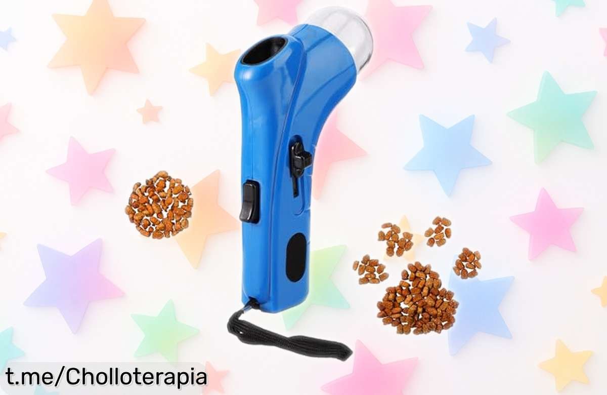 Pistola lanzadora de comida Lyreh para gatos y perros, ¡super chollo que convierte cada snack en una fiesta! No te quedes sin el tuyo, deja que jueguen mientras premias su atención.