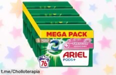 Poderosas cápsulas Ariel Pods: 4 paquetes de detergente líquido para 76 lavados y manchas eliminadas a la primera, ¡oferta irresistible que transformará tu colada en un festín floral!