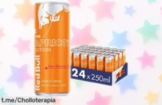 Potente pack de 24 latas de Red Bull con sabor a albaricoque y fresa, precio rebajado que no puedes dejar pasar ¡Recarga tu energía y disfruta el chollo ahora!