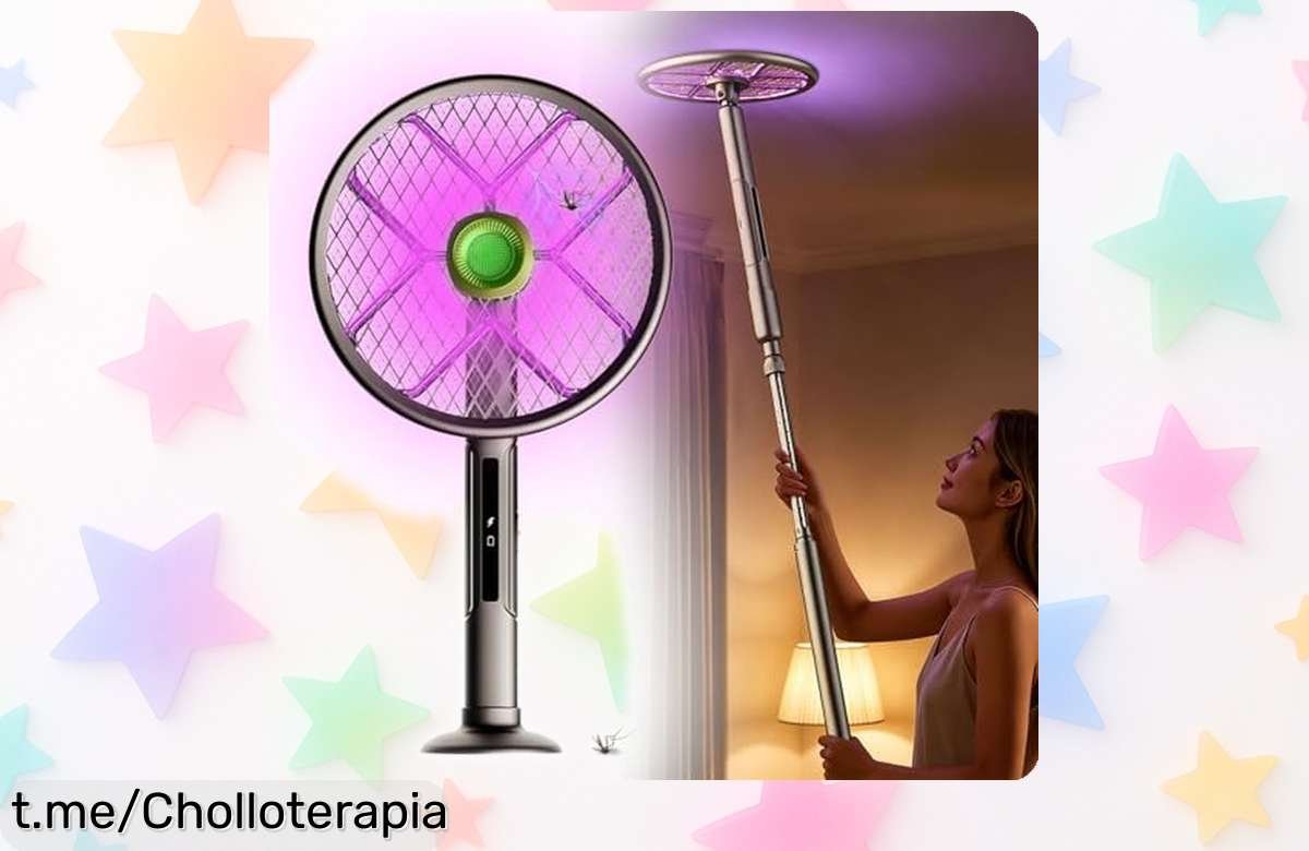 Raqueta mata mosquitos eléctrica con mango telescópico y luz doble, un super chollo que transforma tu hogar en un lugar libre de bichos sin esfuerzo. ¡Consíguela ya antes de que se agote!