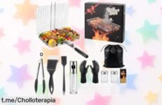 Set de 16 piezas para barbacoa en acero inoxidable, ¡super chollo! Con pinchos extra largos y parrilla anticaídas. Este verano tu BBQ será la estrella. No te lo pierdas, es el momento ideal.