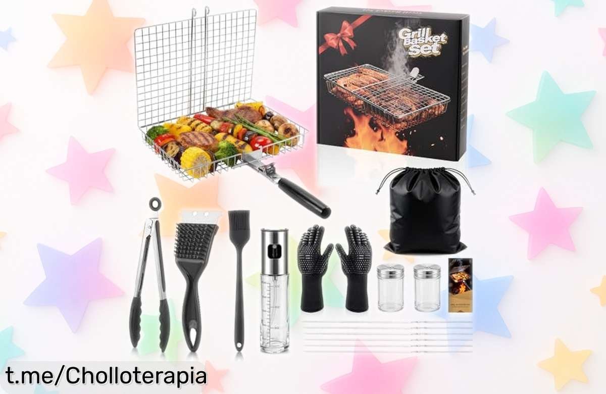 Set de 16 piezas para barbacoa en acero inoxidable, ¡super chollo! Con pinchos extra largos y parrilla anticaídas. Este verano tu BBQ será la estrella. No te lo pierdas, es el momento ideal.
