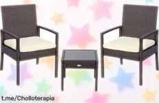 Set de muebles para jardín AKTIVE 61068, sillones acolchados y mesa de cristal a un precio increíble que transformará tu terraza en un oasis personal ¡No esperes más!