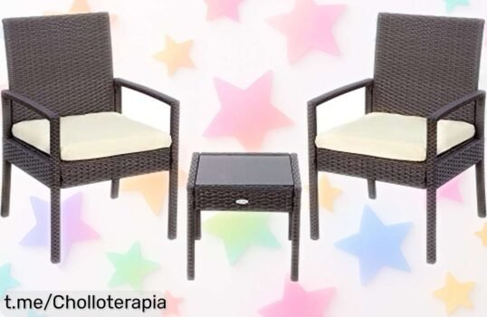Set de muebles para jardín AKTIVE 61068, sillones acolchados y mesa de cristal a un precio increíble que transformará tu terraza en un oasis personal ¡No esperes más!