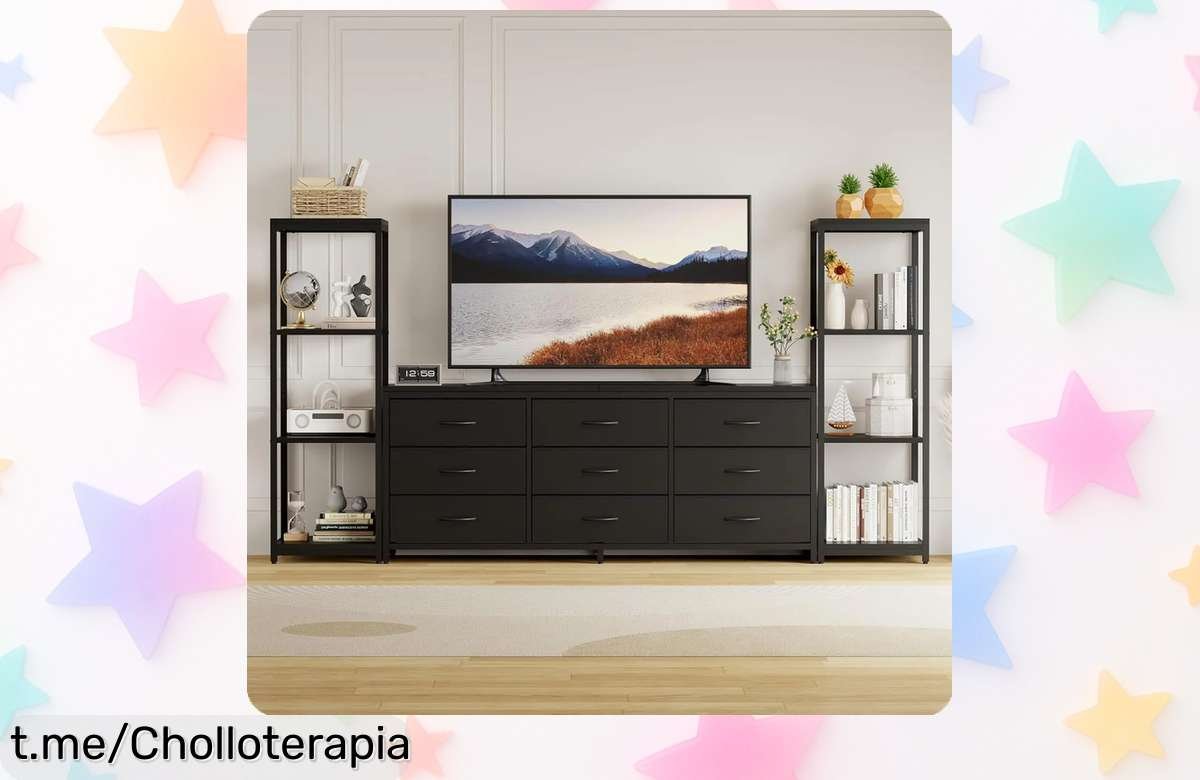 Soporte para TV grande con luces LED y enchufes, 9 cajones de almacenamiento: ¡no te pierdas este ofertón que transformará tu salón en un lugar espectacular ahora!