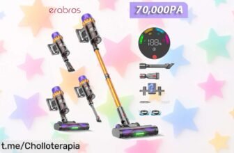 Aspiradora inalámbrica Erabros EV5 súper potente con pantalla LED y precio de locos: ¡limpia sin parar hasta 80 minutos y despídete del pelo de mascotas! No te la pierdas.