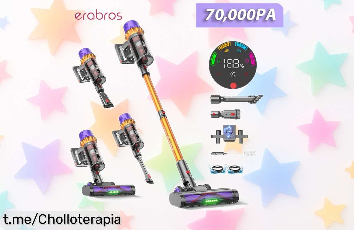 Aspiradora inalámbrica Erabros EV5 súper potente con pantalla LED y precio de locos: ¡limpia sin parar hasta 80 minutos y despídete del pelo de mascotas! No te la pierdas.