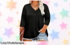 Blusa oversize Fisoew con cuello en V y manga 3/4, un chollazo para disimular vientre y caderas; ¡renueva tu armario sin gastar de más!
