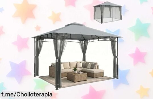 Cenador para jardín Outsunny de 3x3,6 m con malla anti-mosquitos: ¡ofertón irrepetible! Disfruta del aire libre en sombra y tranquilidad antes que se agoten.
