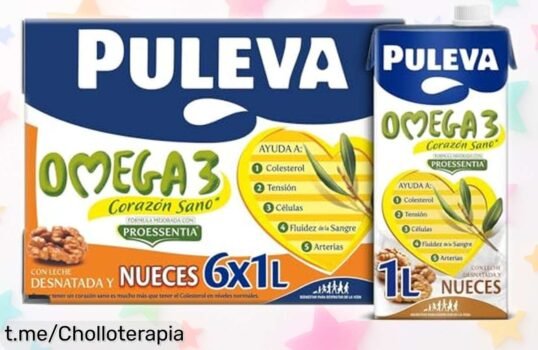 Deliciosa leche Puleva Omega 3 Proessentia con sabor a nueces, ¡pack de 6 unidades a un precio brutal! Empieza tus mañanas llen@ de energía y disfruta este chollazo.
