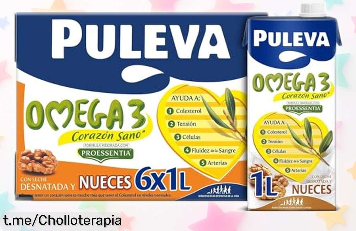 Deliciosa leche Puleva Omega 3 Proessentia con sabor a nueces, ¡pack de 6 unidades a un precio brutal! Empieza tus mañanas llen@ de energía y disfruta este chollazo.