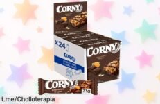Deliciosas barritas de cereales con chocolate negro CORNY en pack de 4 cajas, ideal para picar y disfrutar a cualquier hora. ¡No te pierdas este chollazo que endulzará tu día!