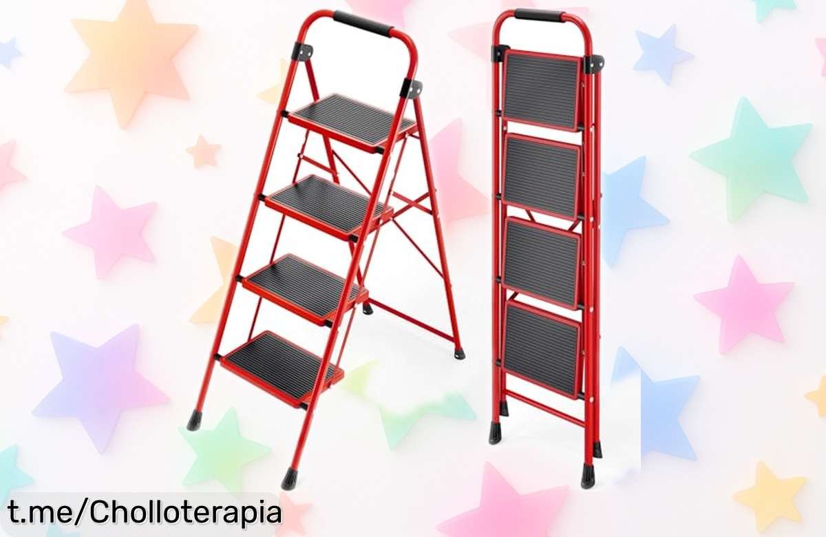 Escalera plegable de 4 peldaños KINGRACK, precio loco y estructura super resistente; ¡haz la tarea fácil y nunca más te quedes sin herramientas a mano! ¡Consíguela ya!