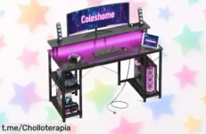 Escritorio gaming Coleshome con luces LED y puertos USB: aprovecha este super chollo para tener tu setup ordenado y disfrutar tus partidas como nunca antes.