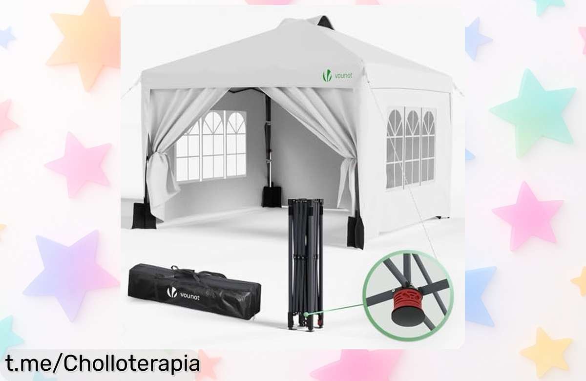Gazebo plegable 3×3 m de VOUNOT, ideal para tus fiestas y escapadas: ¡precio loco y fácil de montar! Protege del sol y la lluvia. No te lo pierdas, hazlo tuyo ya.