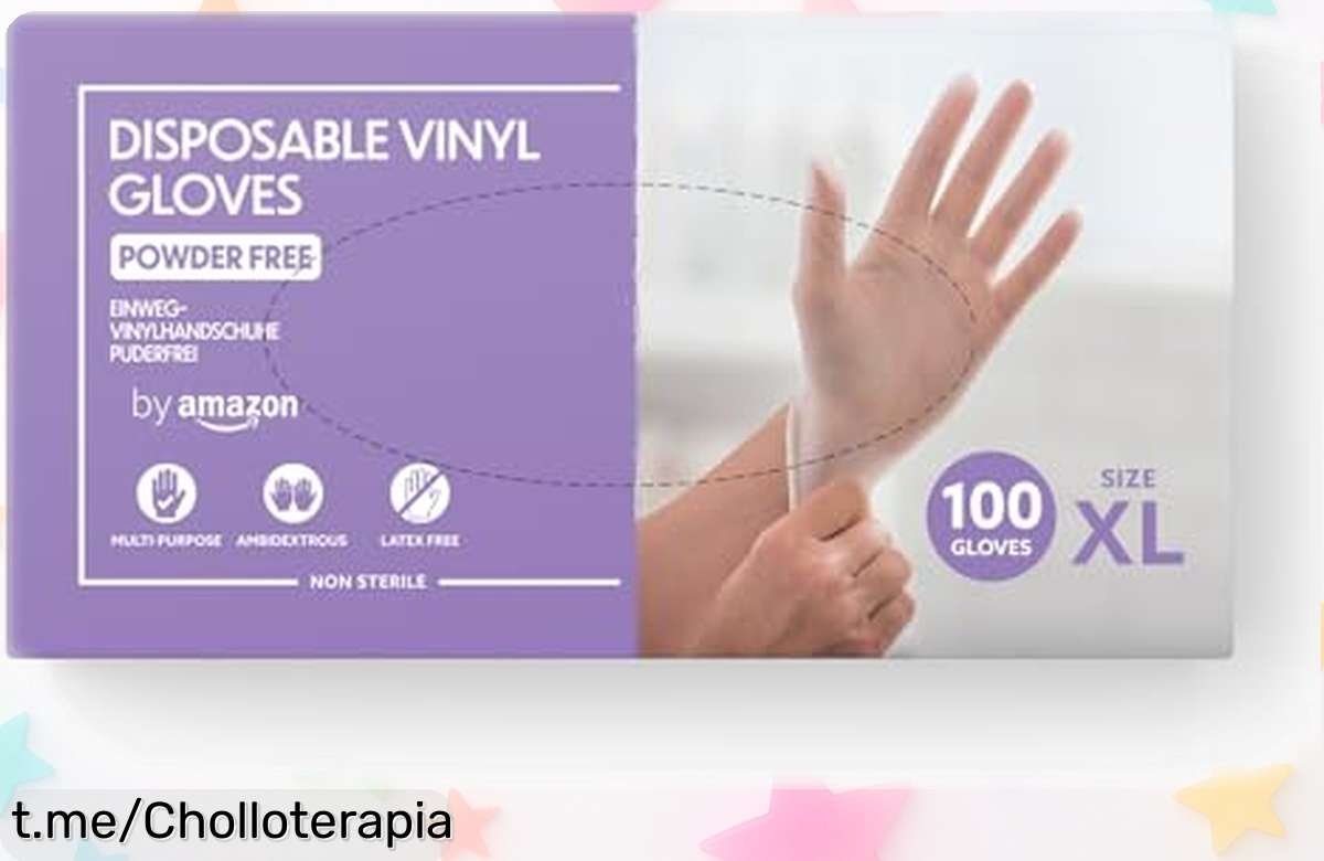 Guantes desechables de vinilo by Amazon, pack de 100 a precio loco: seguridad y limpieza siempre listos para ti, ¡no te quedes sin ellos!