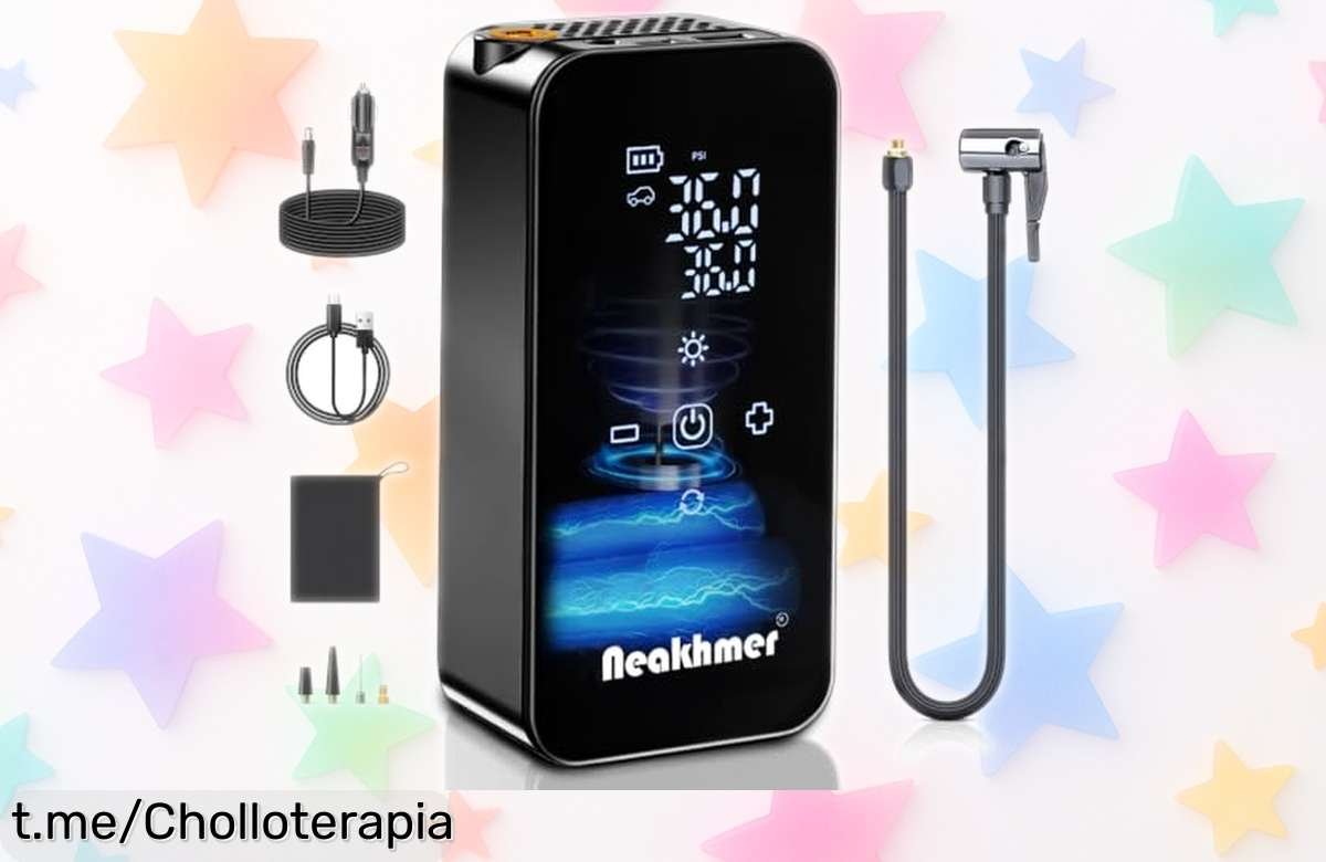 Inflador de ruedas eléctrico portátil con luz LED, ¡batería que hincha hasta 16 neumáticos y a precio loco! No te quedes tirado, llévalo siempre contigo.