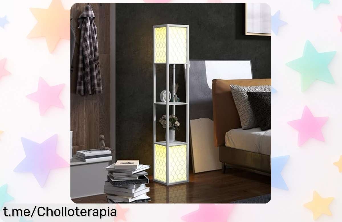Lámpara de pie HOMCOM con dos estantes, ¡rebajada y lista para iluminar tu salón! Dale ese toque cálido que tanto necesitas antes de que se agote esta oferta imperdible.