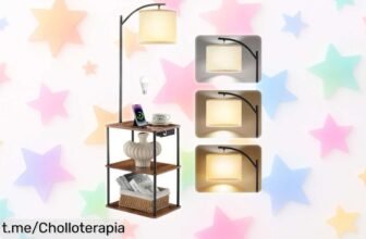 Lámpara de pie WioMio con mesita y 3 estantes, luces LED regulables y puertos USB a un precio increíble para iluminar tu vida ahora mismo. ¡No te quedes sin la tuya!