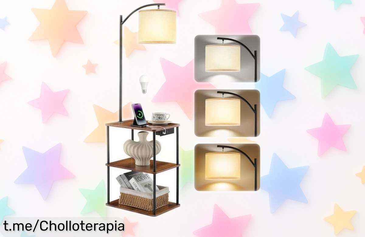 Lámpara de pie WioMio con mesita y 3 estantes, luces LED regulables y puertos USB a un precio increíble para iluminar tu vida ahora mismo. ¡No te quedes sin la tuya!