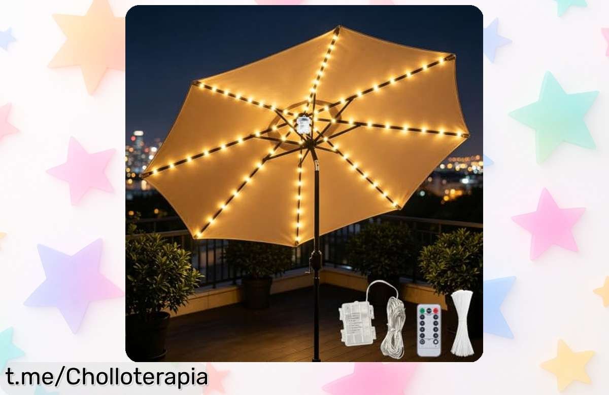 Luces mágicas para sombrilla con 104 LED y 8 modos de luz que transformarán tus cenas al aire libre; no te pierdas este precio de escándalo antes de que se acabe.