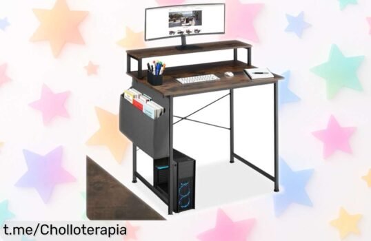 Mesa de escritorio industrial tectake con soporte para monitor y estante lateral, ¡rebaja increíble! Organiza tu espacio de trabajo o gaming. No te quedes sin el tuyo, es un chollo que emociona.